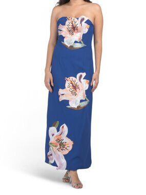 DALIA MACPHEE Strapless Floral Applique Maxi Dress